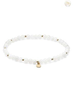 Genuine Moonstone Bead Stretch Bracelet 18k Yellow Gold Plated Bronze